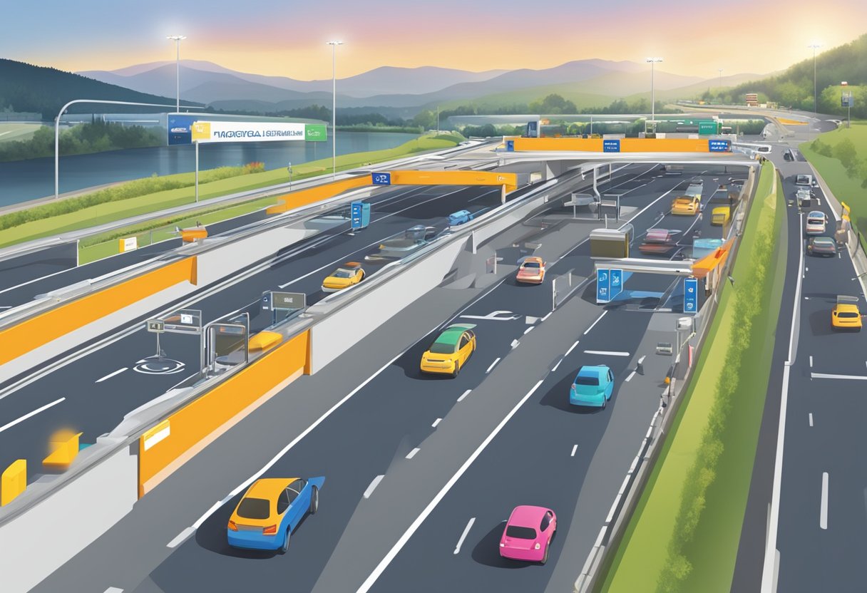 Cars passing through toll plazas on busy motorways, with electronic tag registration systems in place