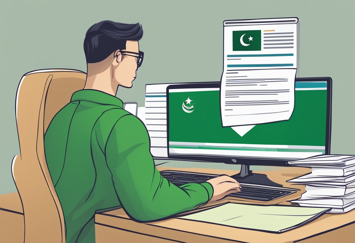 A person sitting at a computer, filling out a cyber crime complaint form online, with a Pakistan flag in the background