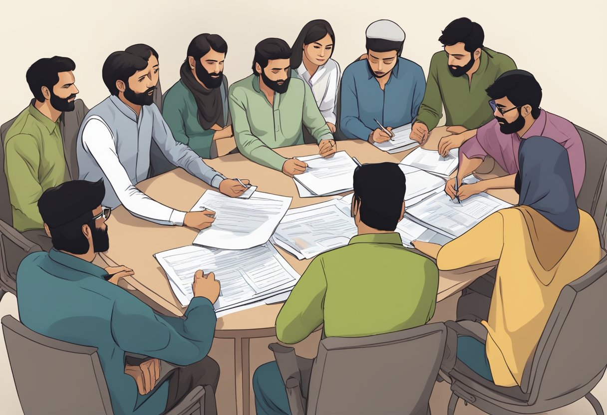 A group of people gathered around a table, filling out paperwork and discussing the process of registering an NGO in Pakistan