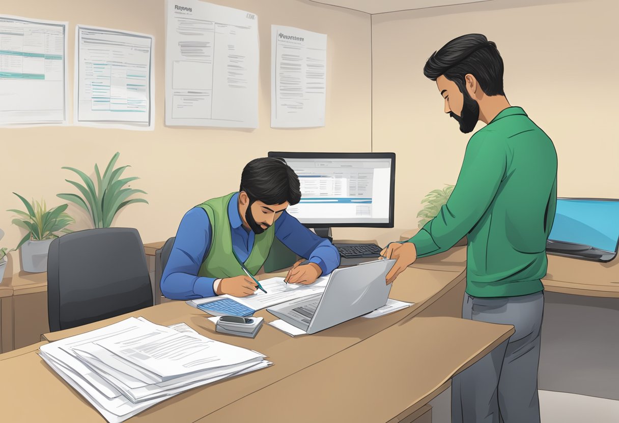 A table with paperwork, a computer, and a person filling out forms. A sign on the wall reads "NGO Registration Process in Pakistan."