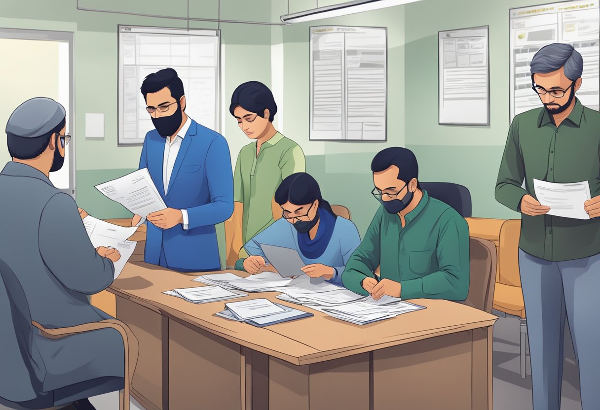 A group of people filling out paperwork at a government office, with officials reviewing and stamping documents for NGO registration in Pakistan