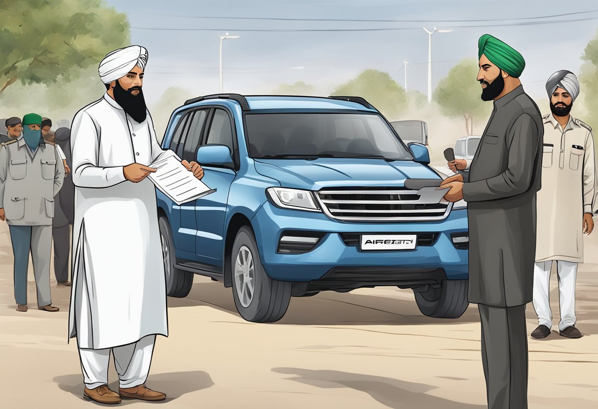 A vehicle owner hands over documents to a government official for registration in Punjab, Pakistan