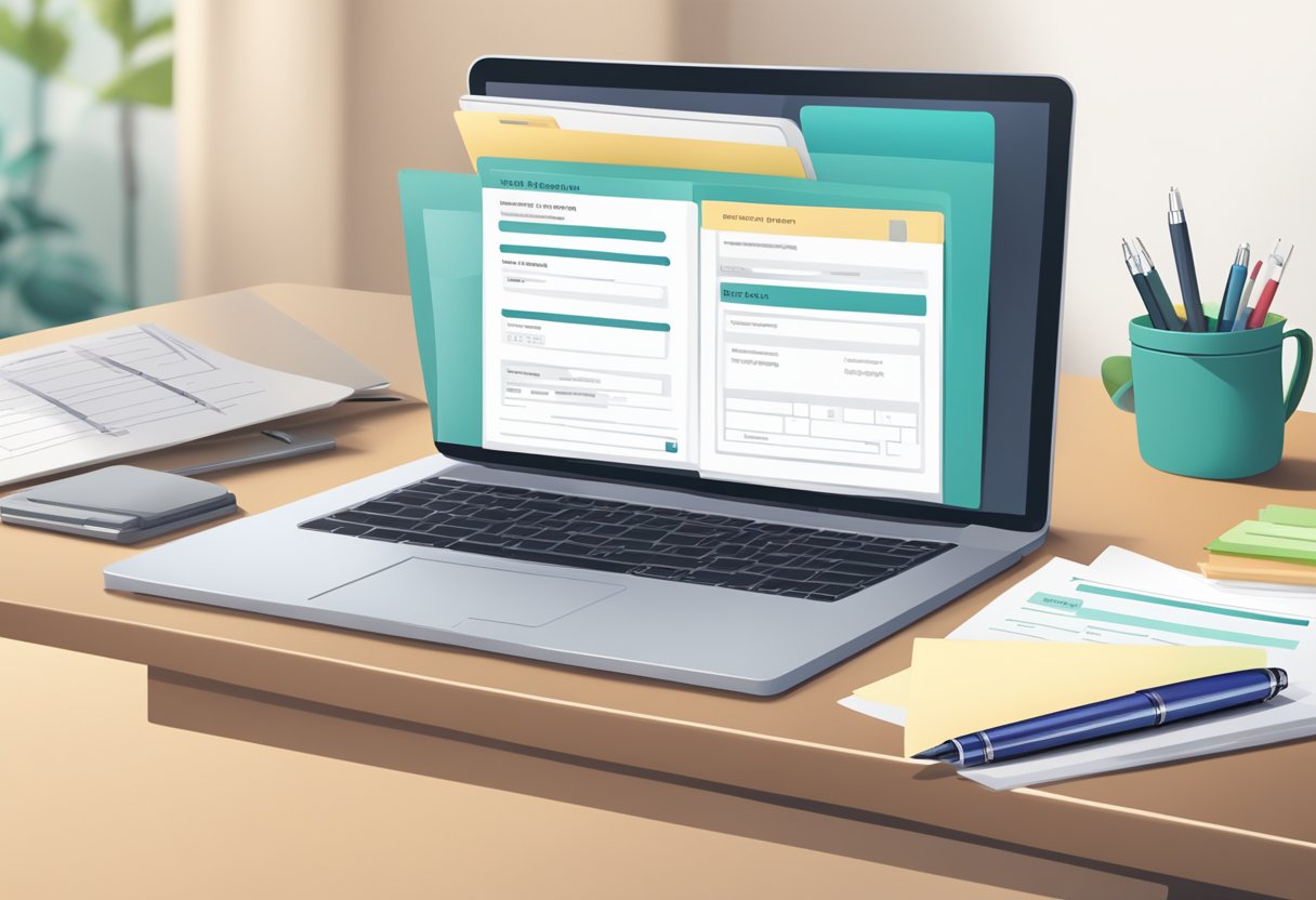 A table with a stack of registration forms, a pen, and a laptop displaying a tenant registration interface