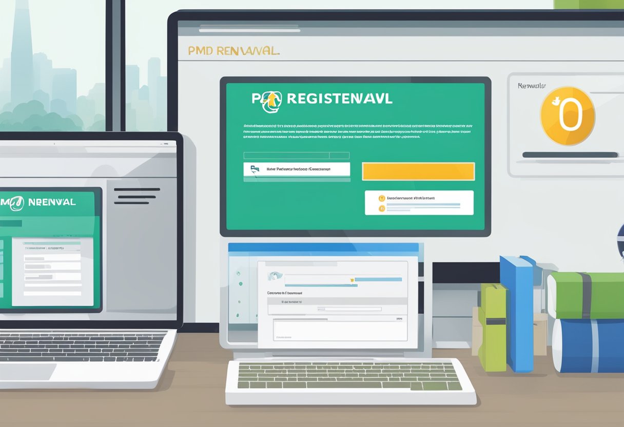 A computer screen displaying the PMDC registration renewal website with a cursor clicking the "renewal" button