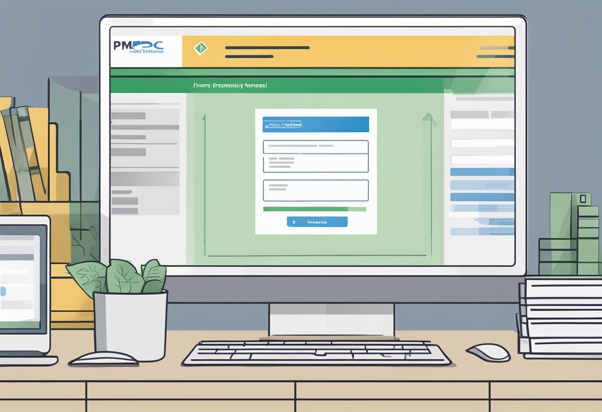 A computer screen displaying the PMDC registration renewal website with a payment confirmation message and a receipt being printed