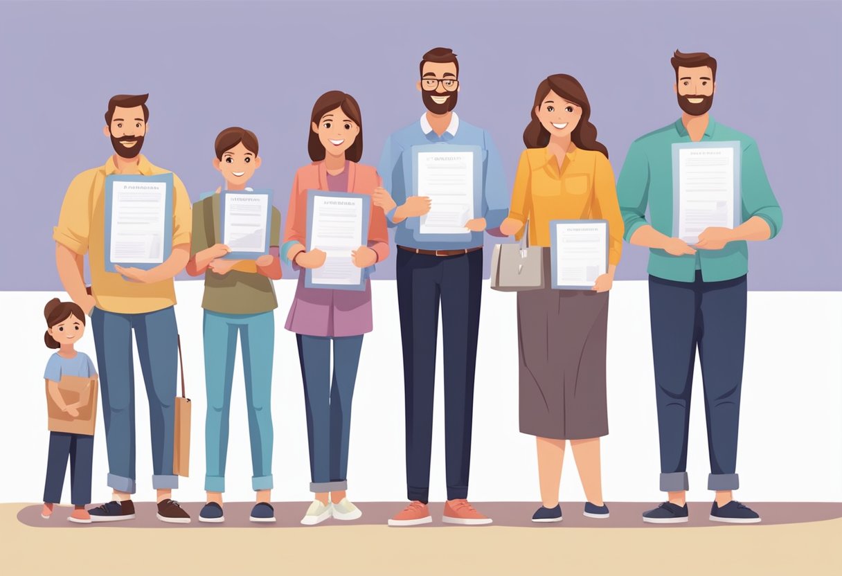 A family stands in line, holding registration certificates