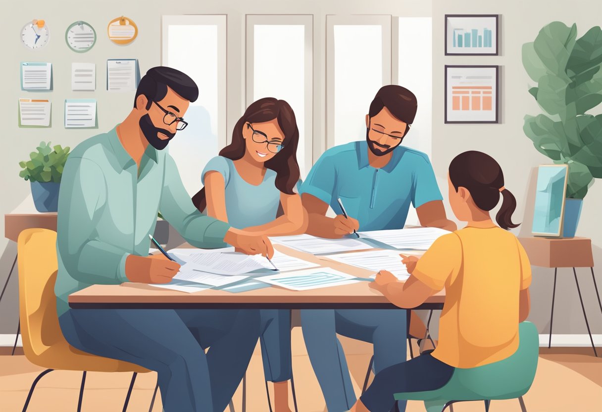 A family sits at a table filling out application forms, with a family registration certificate displayed in the background