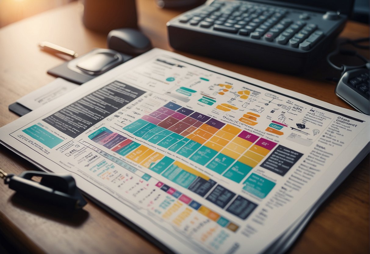 A colorful cheat sheet with DAX syntax and operators, arranged in a visually appealing layout, surrounded by related icons and graphics